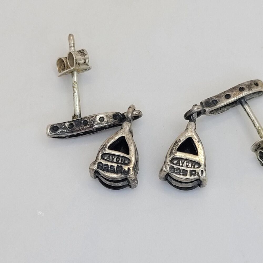 Vintage Avon RJ Black Onyx Stone and Marcasite 925 Sterling Silver Drop Earrings - Picture 4 of 6